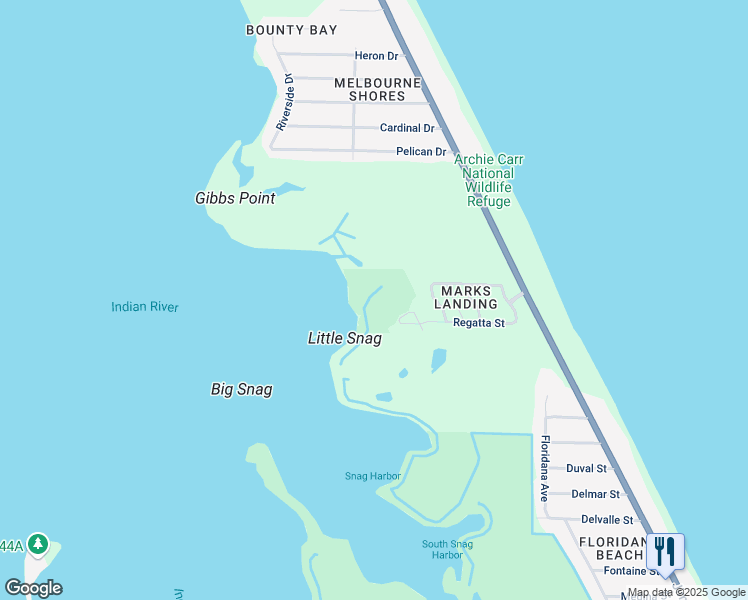 map of restaurants, bars, coffee shops, grocery stores, and more near 101 Treetop Drive in Melbourne Beach