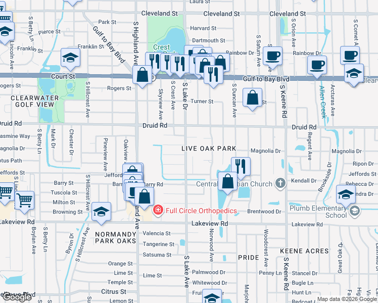 map of restaurants, bars, coffee shops, grocery stores, and more near 1581 Magnolia Drive in Clearwater