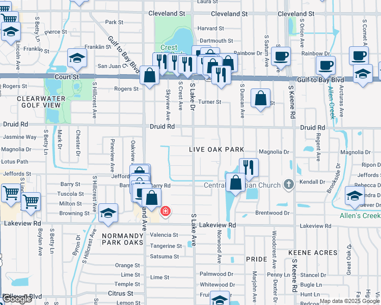map of restaurants, bars, coffee shops, grocery stores, and more near 1581 Magnolia Drive in Clearwater