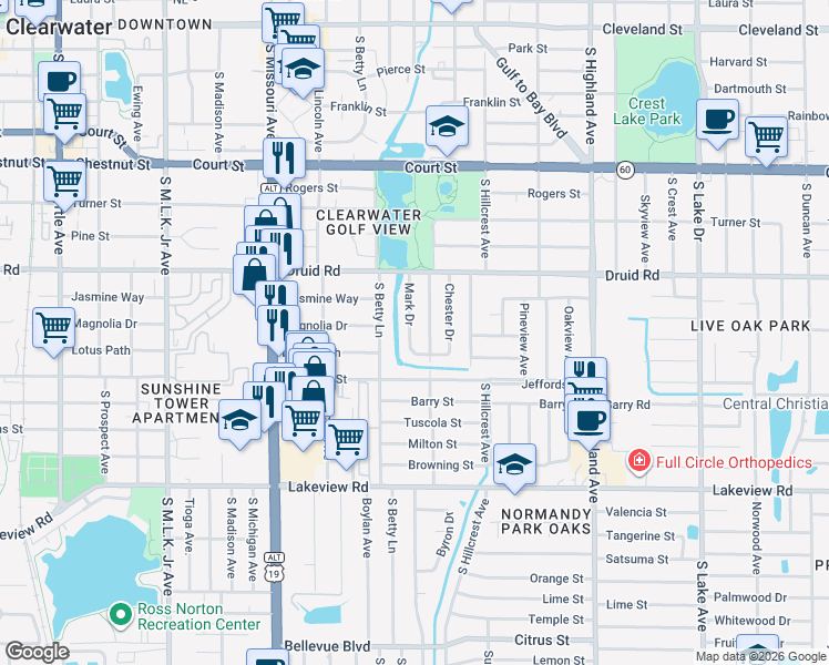 map of restaurants, bars, coffee shops, grocery stores, and more near 915 Mark Drive in Clearwater