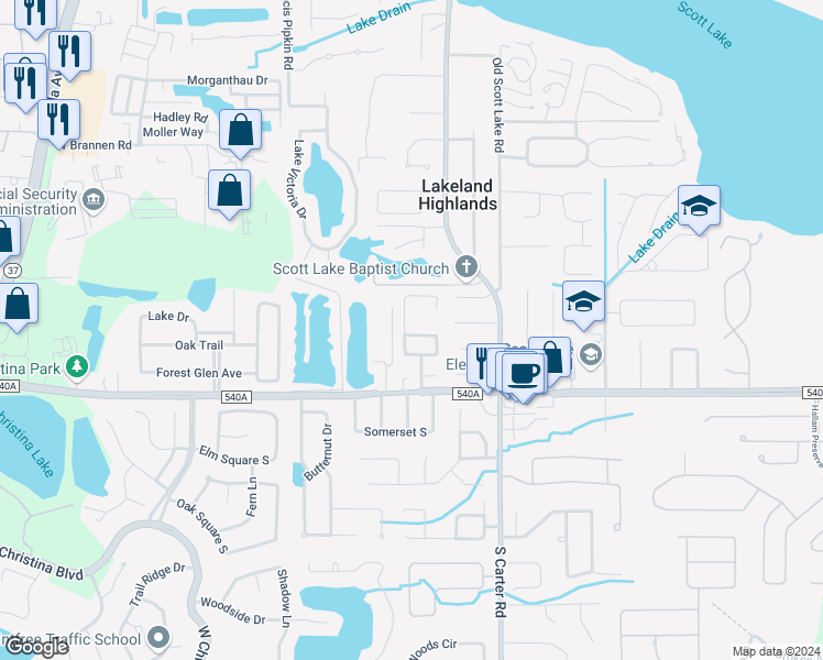 map of restaurants, bars, coffee shops, grocery stores, and more near 6084 Morningdale Avenue in Lakeland