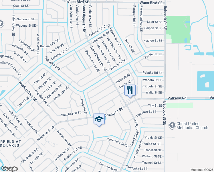 map of restaurants, bars, coffee shops, grocery stores, and more near 1391 Palau Street Southeast in Palm Bay
