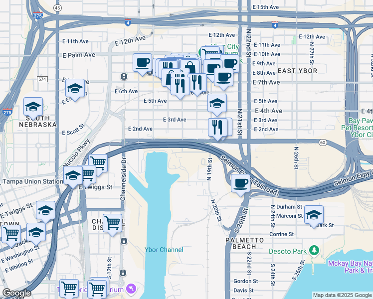 map of restaurants, bars, coffee shops, grocery stores, and more near 1705 Adamo Drive in Tampa