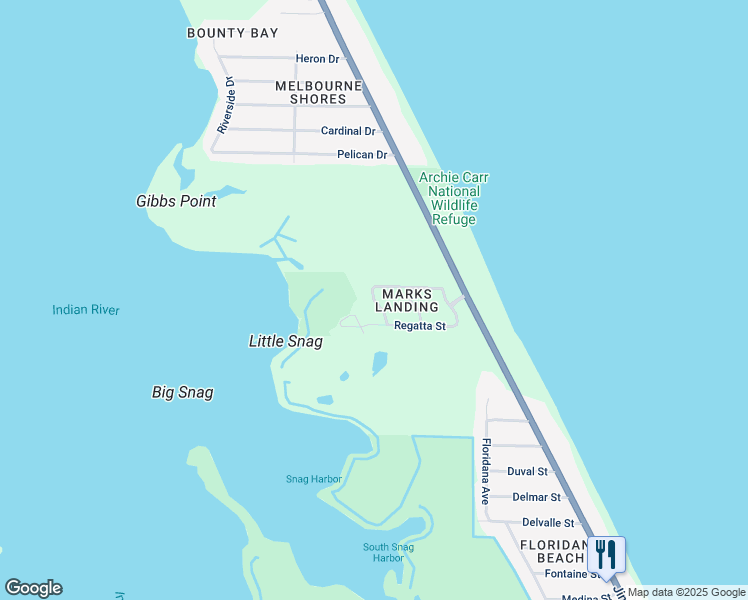 map of restaurants, bars, coffee shops, grocery stores, and more near Leeward Lane in Melbourne Beach