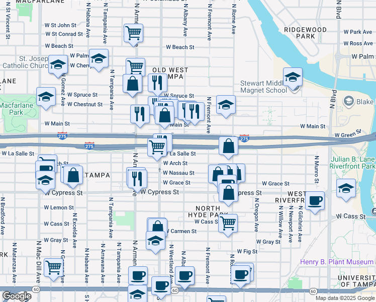 map of restaurants, bars, coffee shops, grocery stores, and more near 1945 West La Salle Street in Tampa
