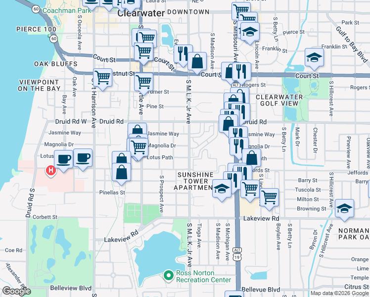 map of restaurants, bars, coffee shops, grocery stores, and more near 1013 Magnolia Drive in Clearwater