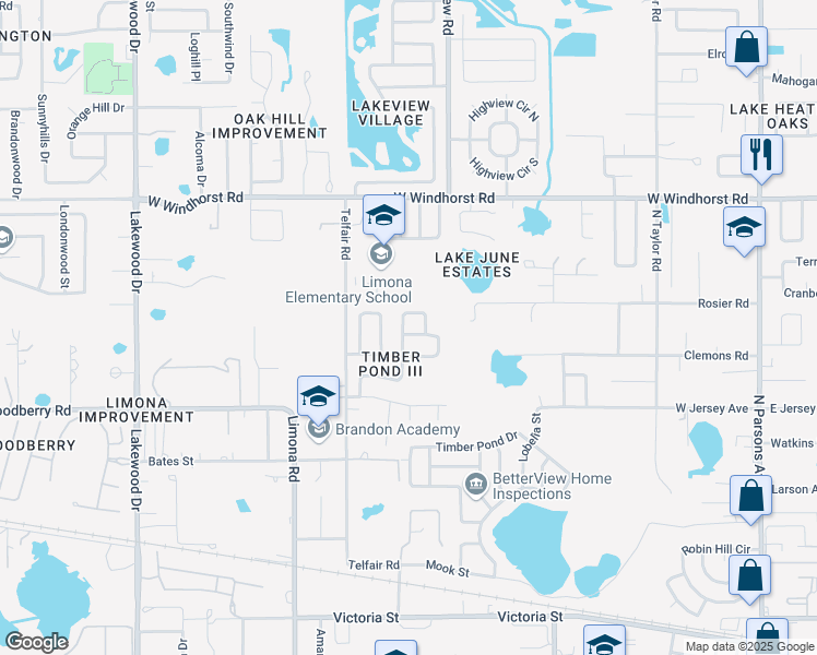 map of restaurants, bars, coffee shops, grocery stores, and more near 1101 Belladonna Drive in Brandon