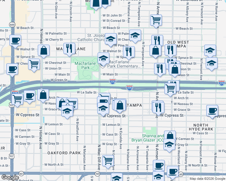 map of restaurants, bars, coffee shops, grocery stores, and more near 2934 Laurel Street in Tampa