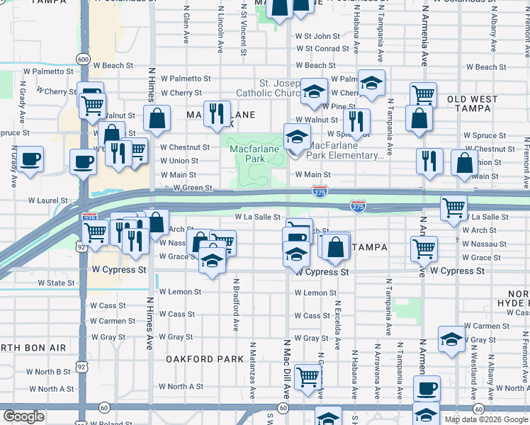 map of restaurants, bars, coffee shops, grocery stores, and more near 3109 West La Salle Street in Tampa