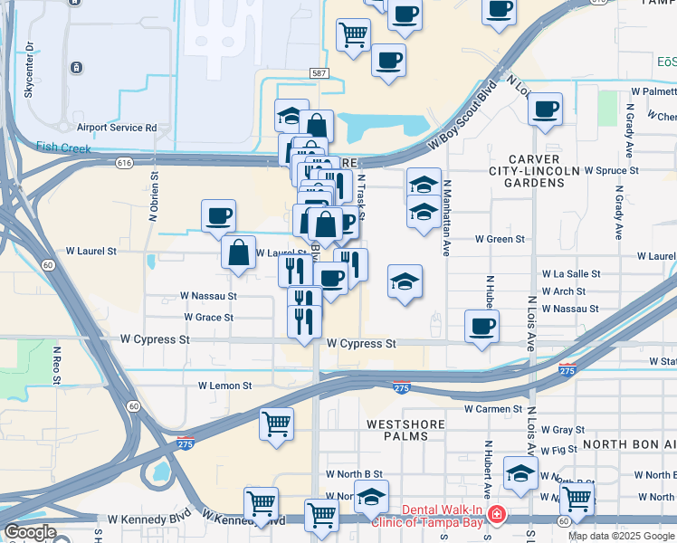 map of restaurants, bars, coffee shops, grocery stores, and more near 634 North Trask Street in Tampa