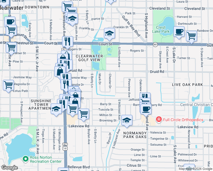 map of restaurants, bars, coffee shops, grocery stores, and more near 915 Mark Drive in Clearwater