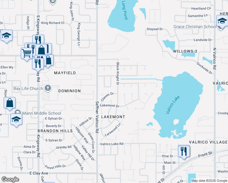 map of restaurants, bars, coffee shops, grocery stores, and more near 1115 King Arthur Court in Valrico