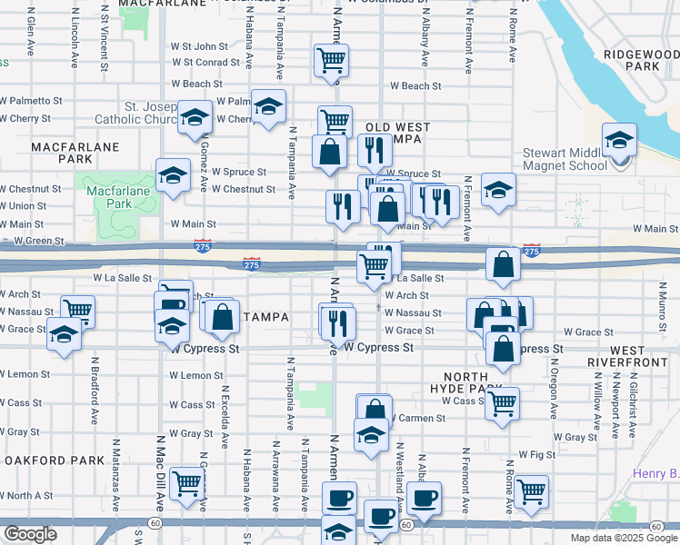 map of restaurants, bars, coffee shops, grocery stores, and more near 2339 West La Salle Street in Tampa