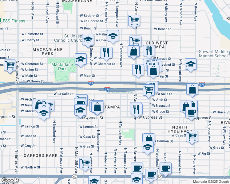 map of restaurants, bars, coffee shops, grocery stores, and more near 2711 West La Salle Street in Tampa