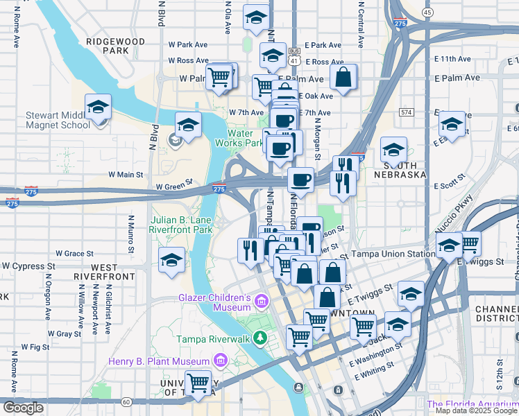 map of restaurants, bars, coffee shops, grocery stores, and more near 777 North Ashley Street in Tampa
