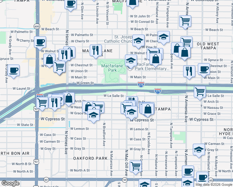 map of restaurants, bars, coffee shops, grocery stores, and more near 3109 West La Salle Street in Tampa