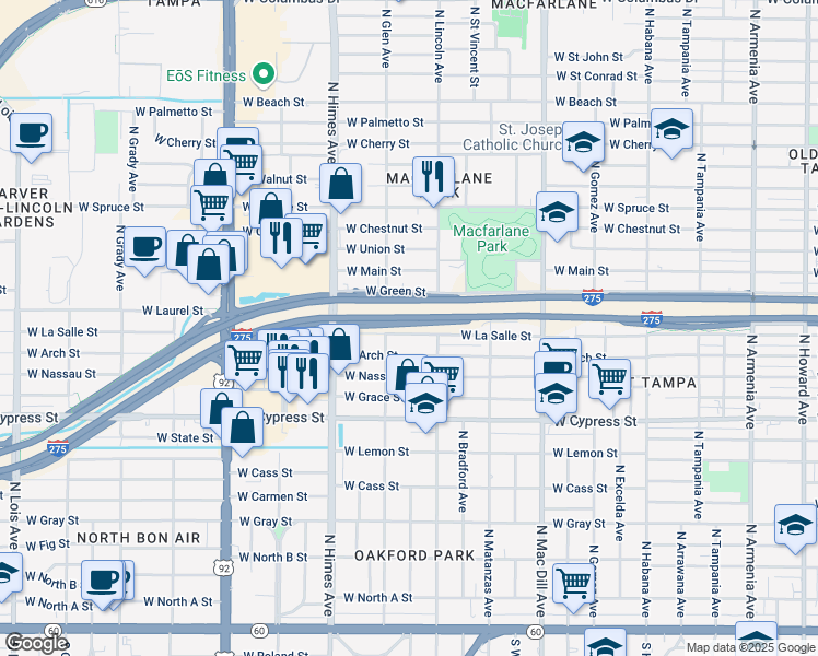 map of restaurants, bars, coffee shops, grocery stores, and more near 3317 West La Salle Street in Tampa