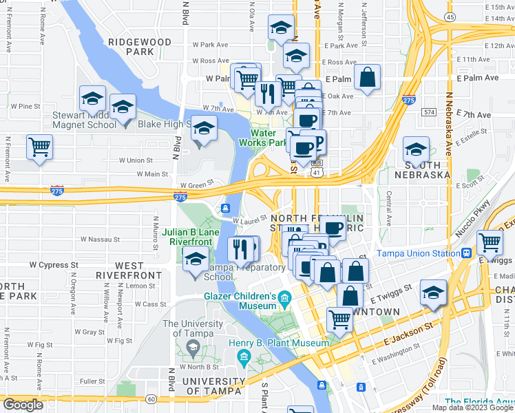 map of restaurants, bars, coffee shops, grocery stores, and more near 201 West Laurel Street in Tampa