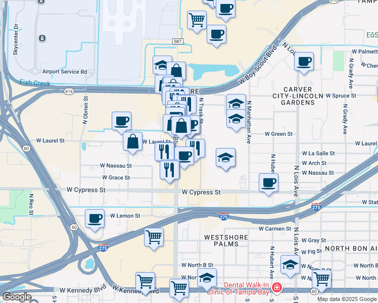 map of restaurants, bars, coffee shops, grocery stores, and more near 1401 North Westshore Boulevard in Tampa