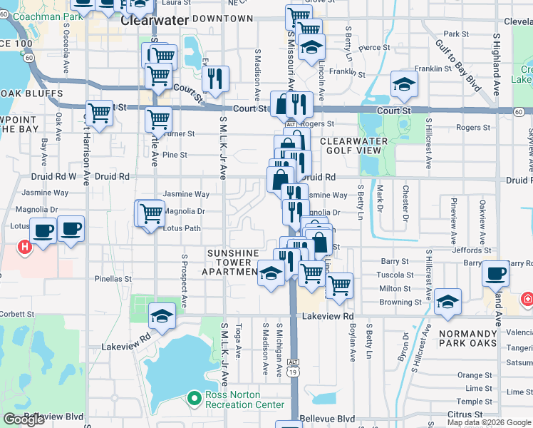 map of restaurants, bars, coffee shops, grocery stores, and more near 1108 South Missouri Avenue in Clearwater