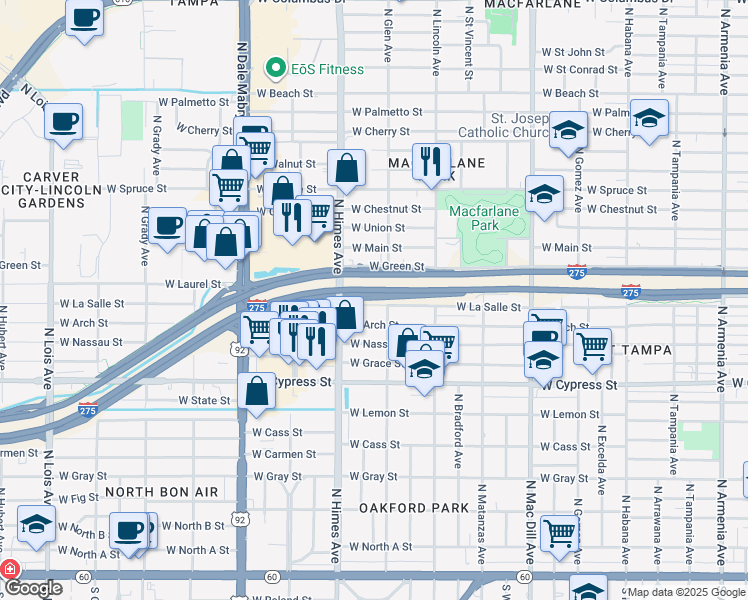 map of restaurants, bars, coffee shops, grocery stores, and more near 3409 West La Salle Street in Tampa
