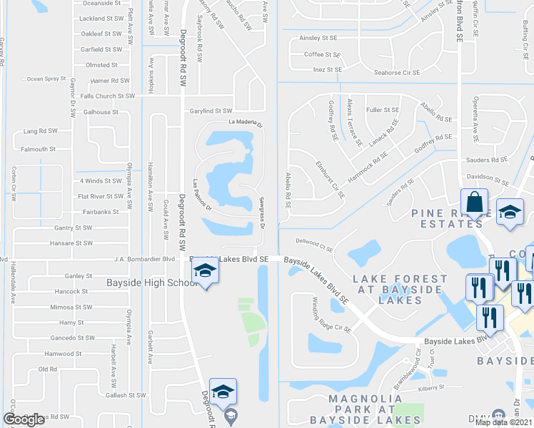 map of restaurants, bars, coffee shops, grocery stores, and more near 1695 Sawgrass Drive in Palm Bay