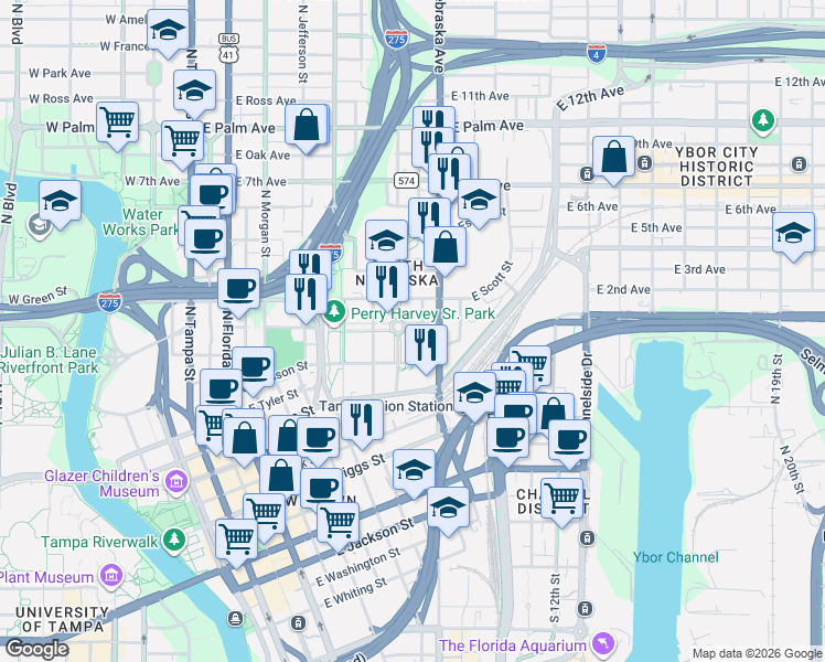 map of restaurants, bars, coffee shops, grocery stores, and more near 1225 India Street in Tampa
