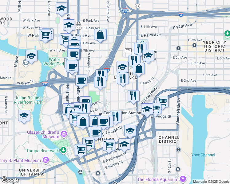 map of restaurants, bars, coffee shops, grocery stores, and more near 1001 Ray Charles Boulevard in Tampa