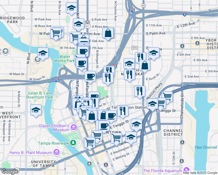 map of restaurants, bars, coffee shops, grocery stores, and more near in Tampa