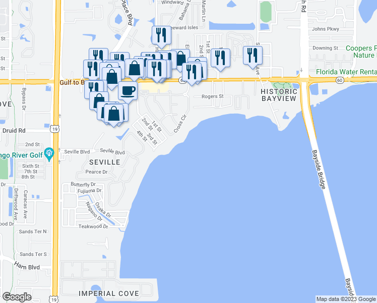 map of restaurants, bars, coffee shops, grocery stores, and more near 585 Sky Harbor Drive in Clearwater