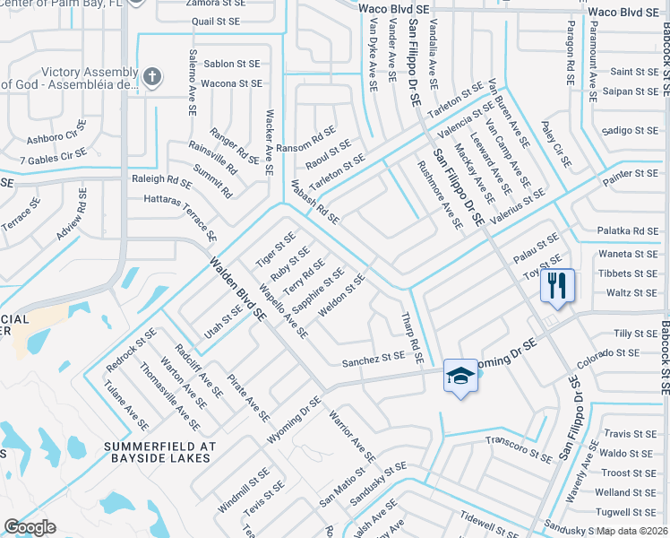 map of restaurants, bars, coffee shops, grocery stores, and more near 1183 Sapphire Street Southeast in Palm Bay