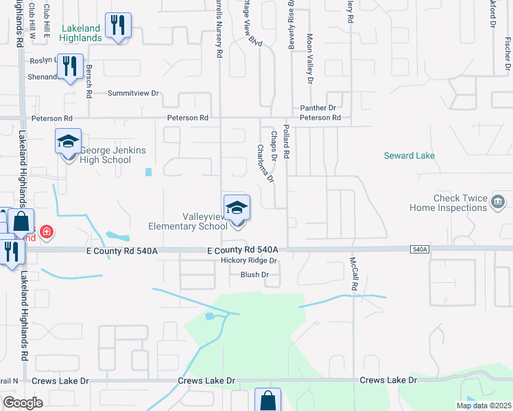 map of restaurants, bars, coffee shops, grocery stores, and more near 6047 Cason Way in Lakeland
