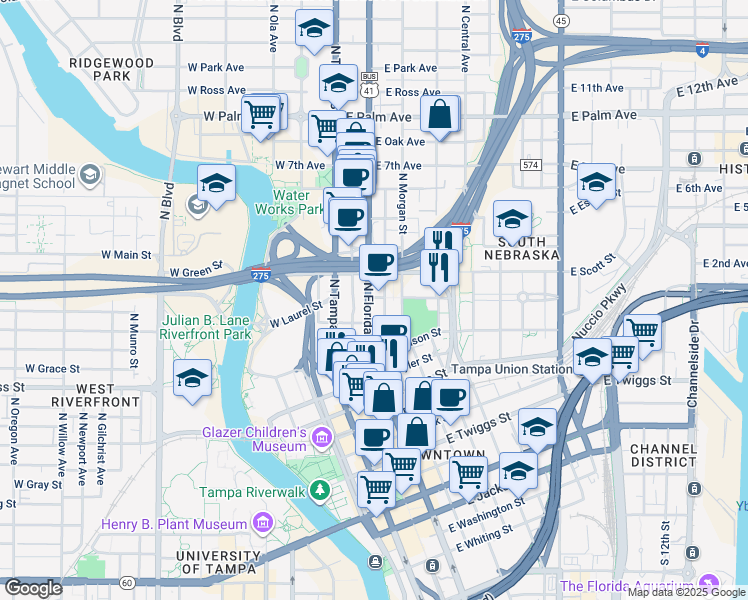 map of restaurants, bars, coffee shops, grocery stores, and more near 301-399 East Laurel Street in Tampa