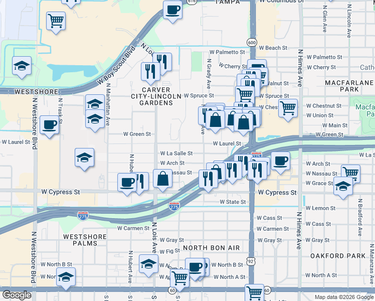 map of restaurants, bars, coffee shops, grocery stores, and more near 4007 West La Salle Street in Tampa