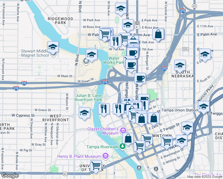 map of restaurants, bars, coffee shops, grocery stores, and more near 201 West Laurel Street in Tampa