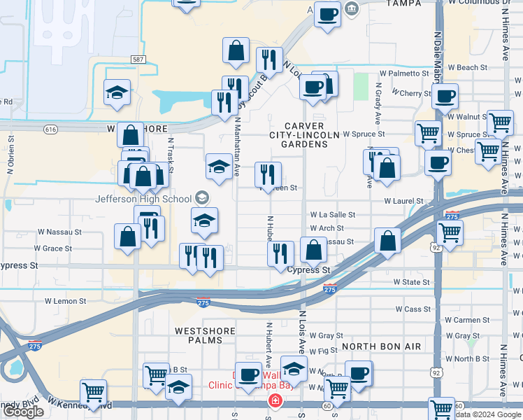 map of restaurants, bars, coffee shops, grocery stores, and more near 4307 West La Salle Street in Tampa
