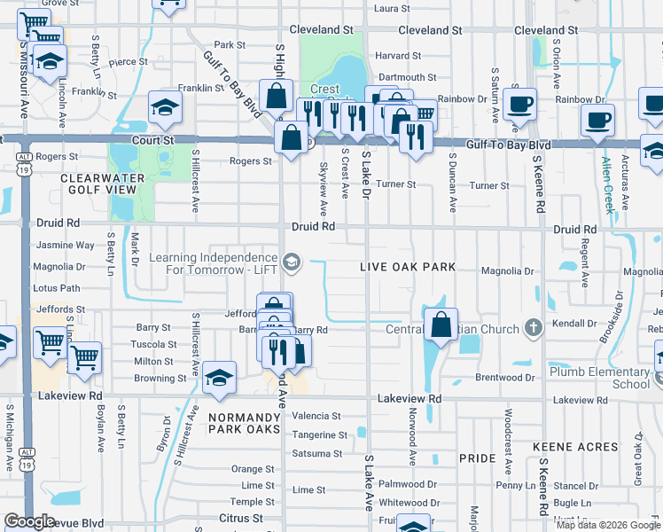 map of restaurants, bars, coffee shops, grocery stores, and more near 1551 Magnolia Drive in Clearwater