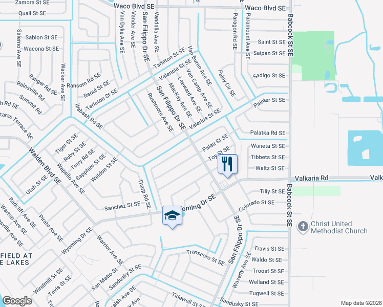 map of restaurants, bars, coffee shops, grocery stores, and more near 1391 Palau Street Southeast in Palm Bay