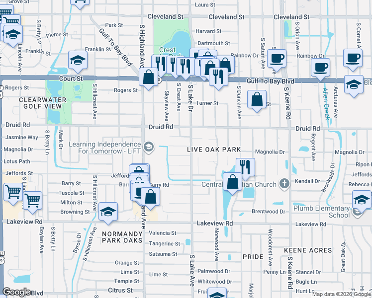 map of restaurants, bars, coffee shops, grocery stores, and more near 1581 Magnolia Drive in Clearwater