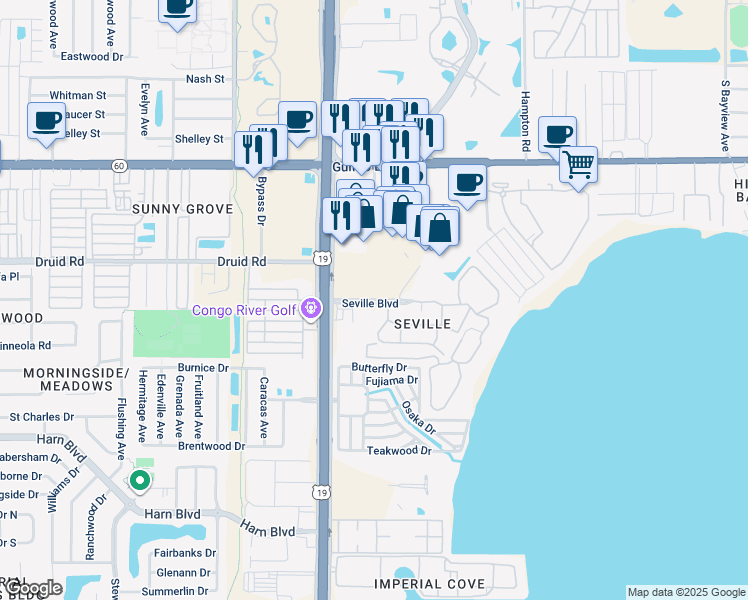 map of restaurants, bars, coffee shops, grocery stores, and more near 20069 US Highway 19 North in Clearwater