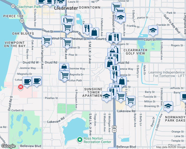 map of restaurants, bars, coffee shops, grocery stores, and more near 23 Fleetwood Circle South in Clearwater