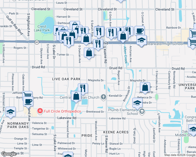 map of restaurants, bars, coffee shops, grocery stores, and more near 818 Woodruff Avenue in Clearwater