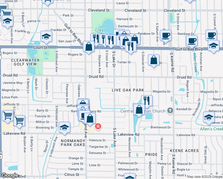map of restaurants, bars, coffee shops, grocery stores, and more near 1581 Magnolia Drive in Clearwater