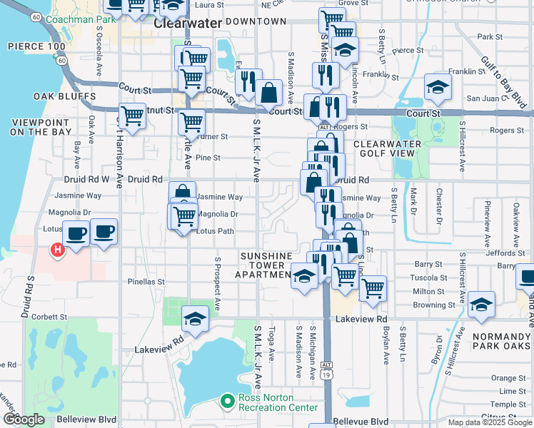 map of restaurants, bars, coffee shops, grocery stores, and more near 23 Fleetwood Circle South in Clearwater