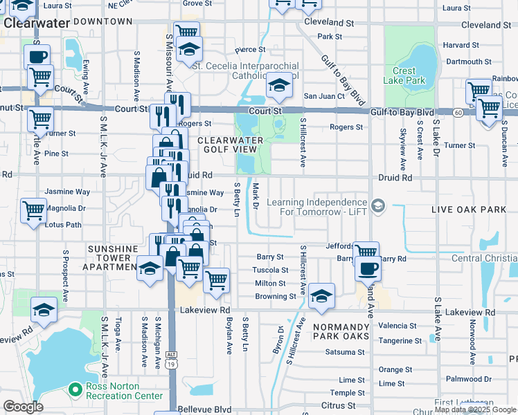 map of restaurants, bars, coffee shops, grocery stores, and more near 915 Mark Drive in Clearwater