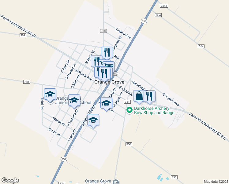 map of restaurants, bars, coffee shops, grocery stores, and more near 202 Pundt Avenue in Orange Grove