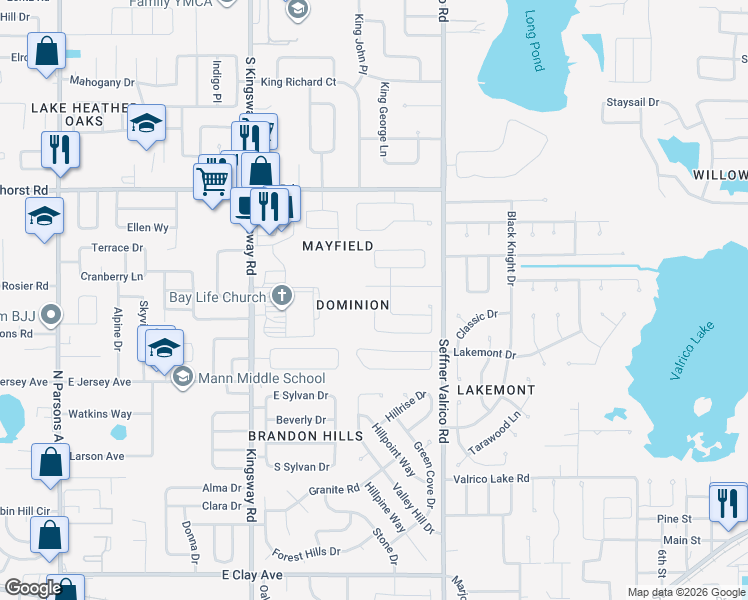 map of restaurants, bars, coffee shops, grocery stores, and more near 1052 Malletwood Drive in Brandon