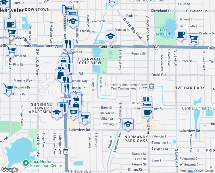 map of restaurants, bars, coffee shops, grocery stores, and more near 915 Mark Drive in Clearwater