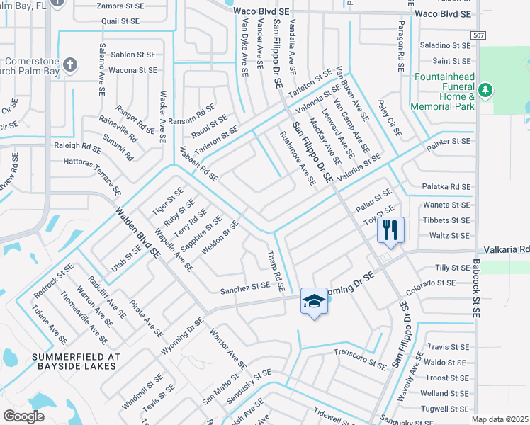 map of restaurants, bars, coffee shops, grocery stores, and more near 1300 Rascal Street Southeast in Palm Bay