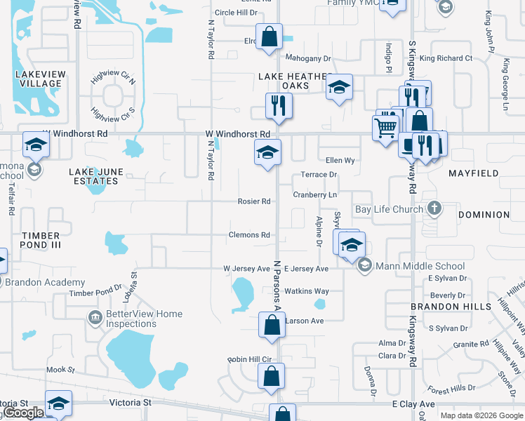map of restaurants, bars, coffee shops, grocery stores, and more near 107 Rosier Road in Brandon